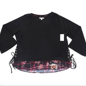 NEW YORK LAUNDRY Layer Lace-Up Floral Sweater Top‎